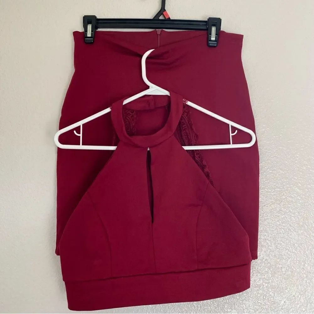 Lulus 2 piece Chic My Interest Burgundy red lace crop top dress mini skirt L - Picture 4 of 13